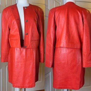 VINTAGE Red leather skirt jacket set Large